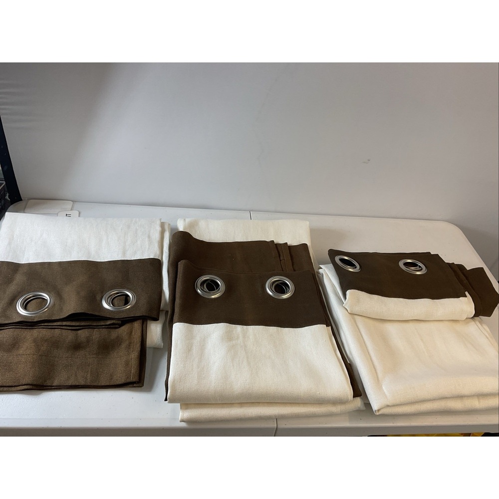West Elm 100% linen Curtains 48 x 108" Grommets 3 Panels Ivory Chocolate‎ brown